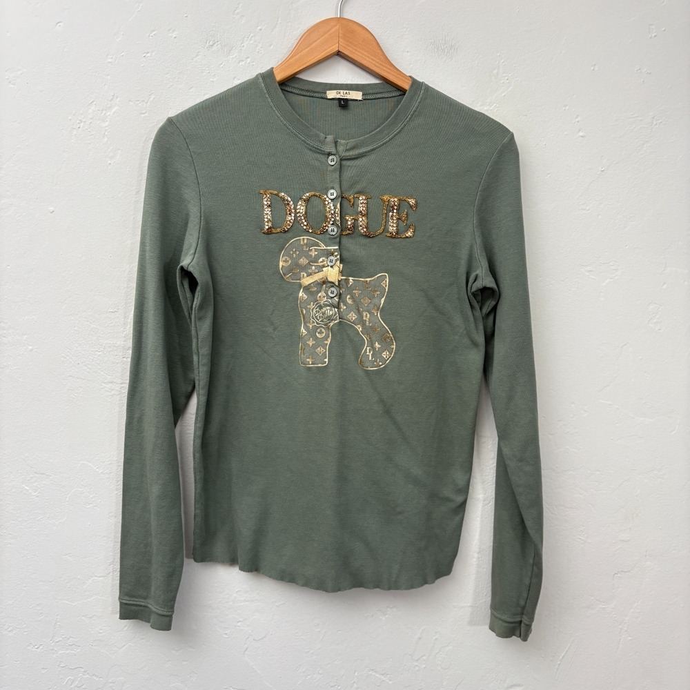 DI.LA3 PARI Dogue Dog Beaded Top Women Size Large Green Long Sleeve Runs Small